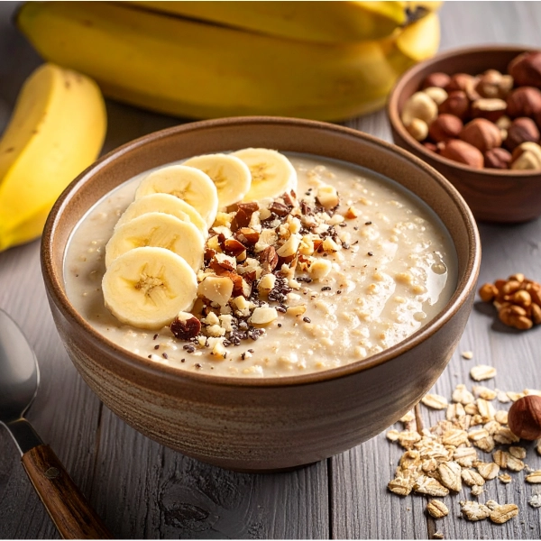 Creamy Oatmeal with hazelnut, banana and toasted oatmeal